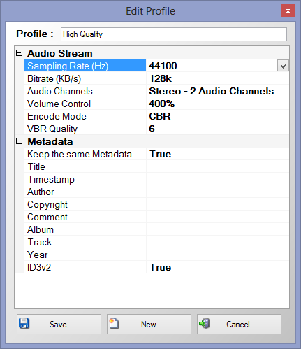 Edit the output profile settings such as bitrate, sampling rate, volume control, encode mode, vbr quality and metadata.